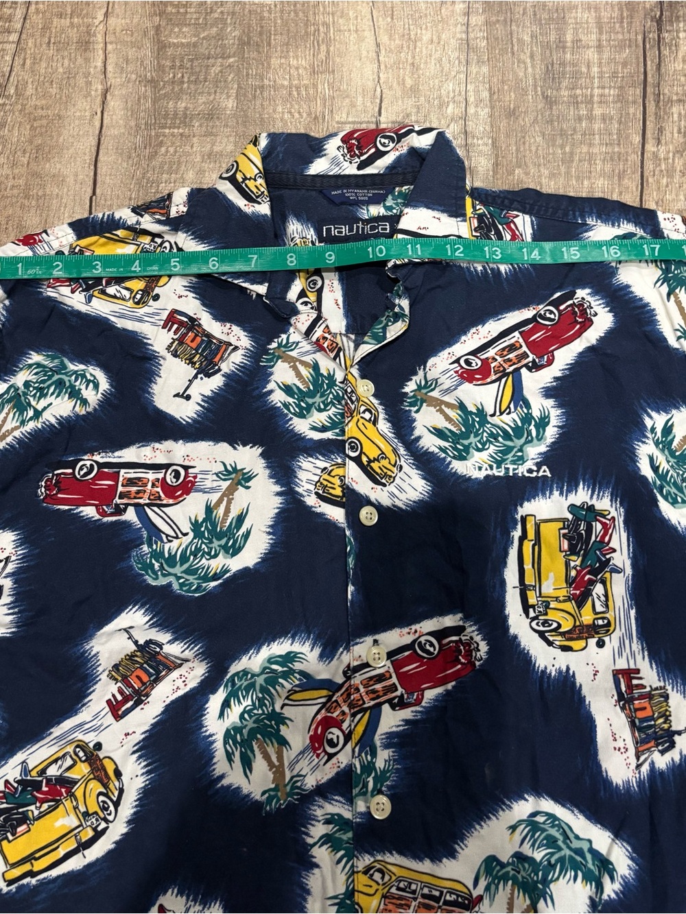 Nautica Navy Short-Sleeve Button-Up Shirt with Yellow & Red Surf Wagon Print - Picture 3 of 4